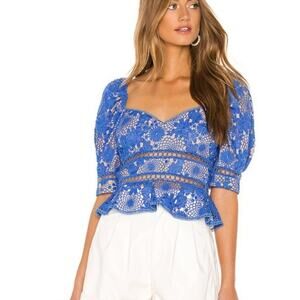 Saylor Marnie Cornflower Blue Embroidered Lace Ruffle Blouse Top Size Small